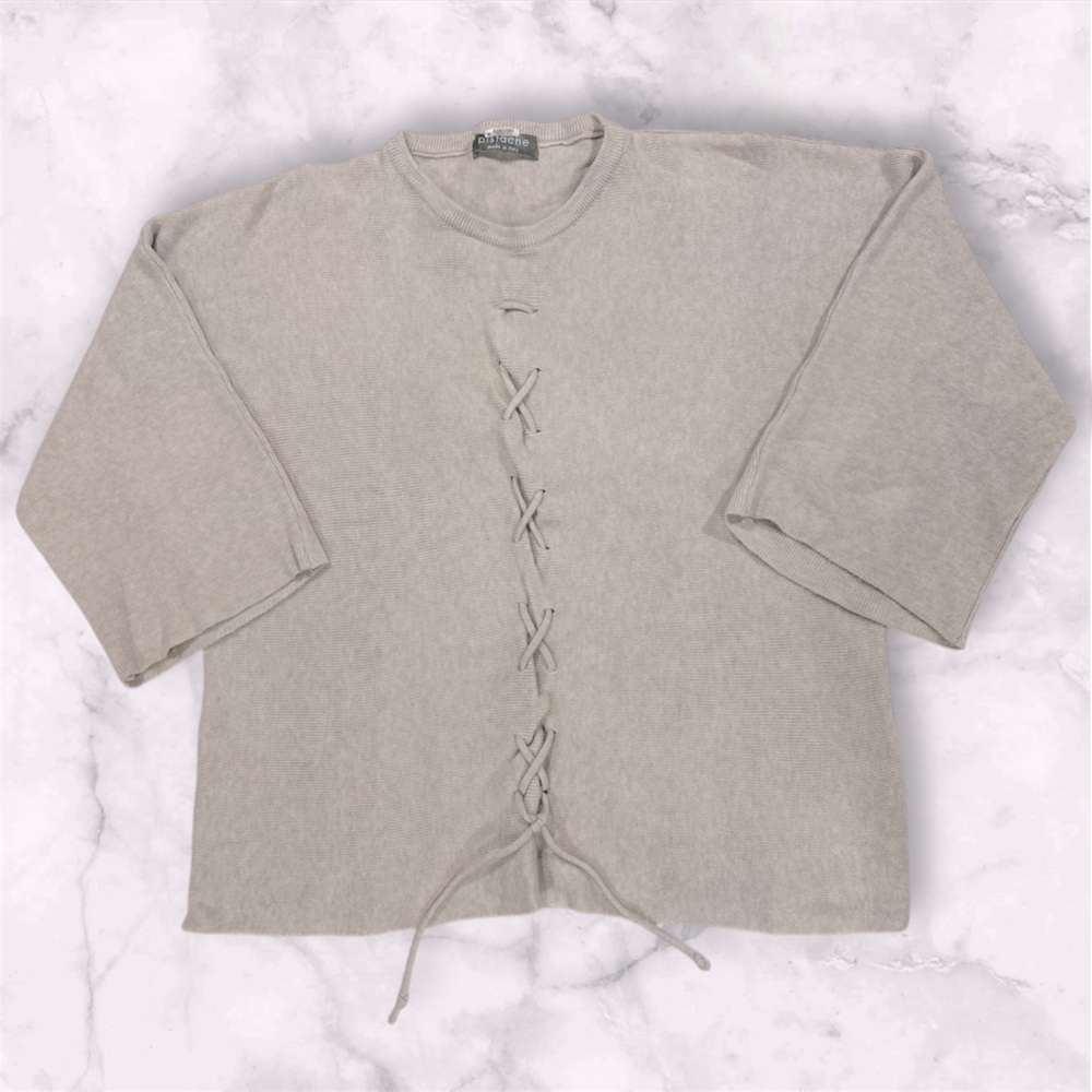 Pistache Made in Italy Quarter Sleeve Tie Front Oversized Cream Sweater Size Lg